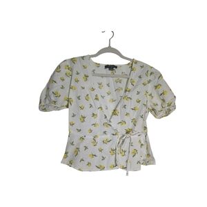 Primark Sz 6 White Wrap Blouse Lemon Print Peplum Puff Sleeve Whimsical Coquette